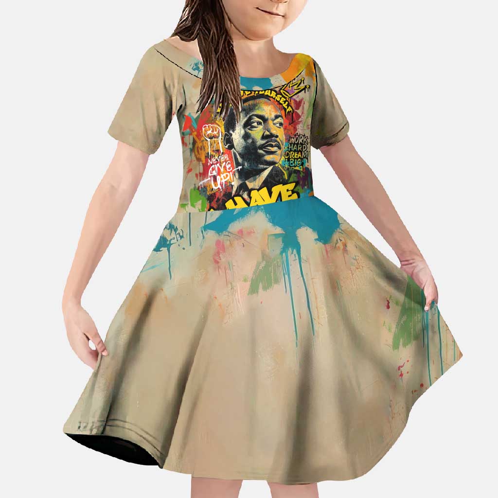 Martin Luther King Graffiti Style Graphic Family Matching Off Shoulder Maxi Dress and Hawaiian Shirt with Colorful Spray Paint Quotes and Crown Detail - Wonder Print Shop