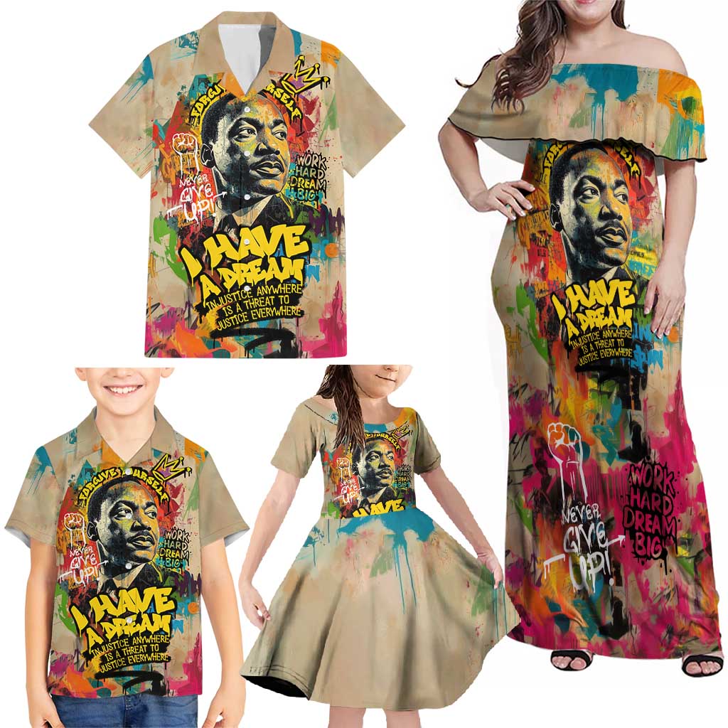 Martin Luther King Graffiti Style Graphic Family Matching Off Shoulder Maxi Dress and Hawaiian Shirt with Colorful Spray Paint Quotes and Crown Detail - Wonder Print Shop
