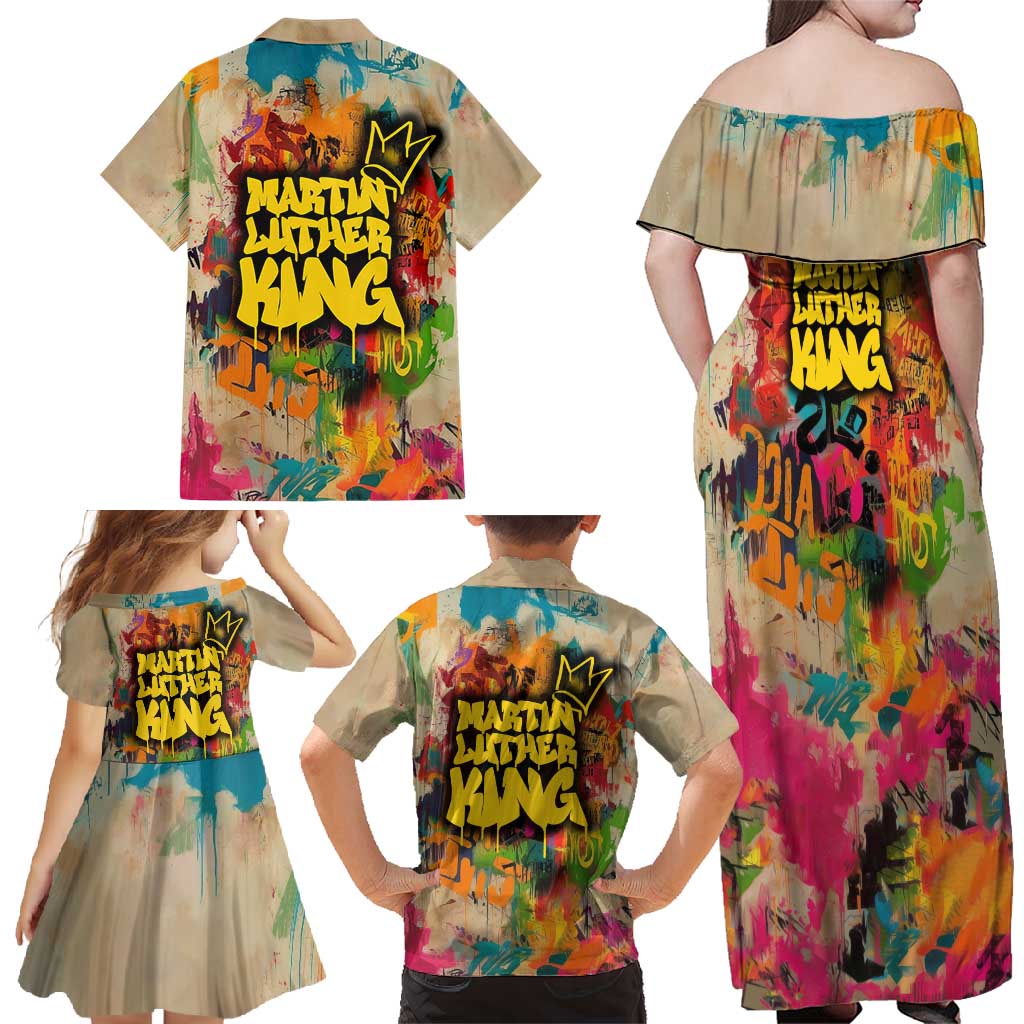 Martin Luther King Graffiti Style Graphic Family Matching Off Shoulder Maxi Dress and Hawaiian Shirt with Colorful Spray Paint Quotes and Crown Detail - Wonder Print Shop