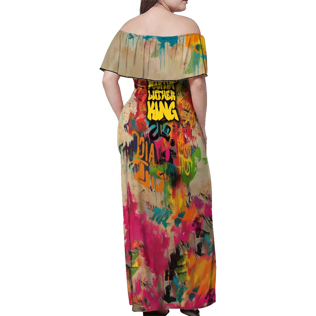 Martin Luther King Graffiti Style Graphic Family Matching Off Shoulder Maxi Dress and Hawaiian Shirt with Colorful Spray Paint Quotes and Crown Detail - Wonder Print Shop
