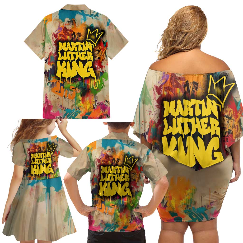 Martin Luther King Graffiti Style Graphic Family Matching Off Shoulder Short Dress and Hawaiian Shirt with Colorful Spray Paint Quotes and Crown Detail - Wonder Print Shop