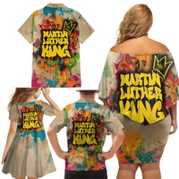 Martin Luther King Graffiti Style Graphic Family Matching Off Shoulder Short Dress and Hawaiian Shirt with Colorful Spray Paint Quotes and Crown Detail - Wonder Print Shop