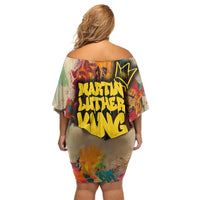 Martin Luther King Graffiti Style Graphic Family Matching Off Shoulder Short Dress and Hawaiian Shirt with Colorful Spray Paint Quotes and Crown Detail - Wonder Print Shop