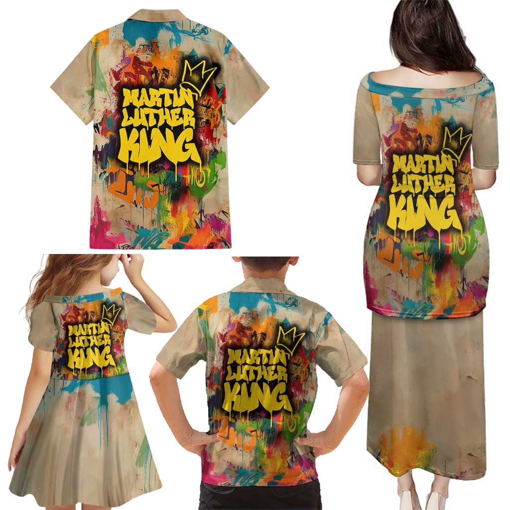 Martin Luther King Graffiti Style Graphic Family Matching Puletasi and Hawaiian Shirt with Colorful Spray Paint Quotes and Crown Detail - Wonder Print Shop