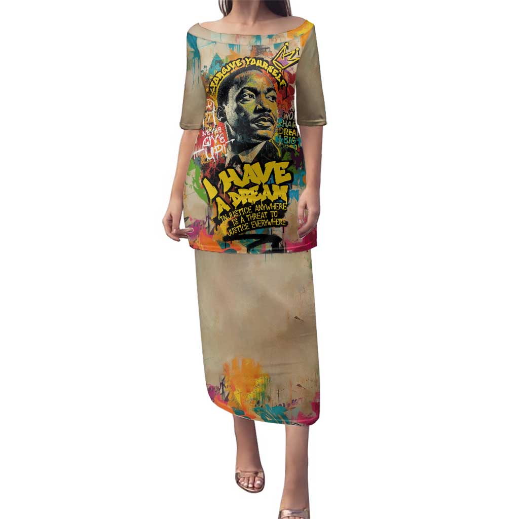 Martin Luther King Graffiti Style Graphic Family Matching Puletasi and Hawaiian Shirt with Colorful Spray Paint Quotes and Crown Detail - Wonder Print Shop