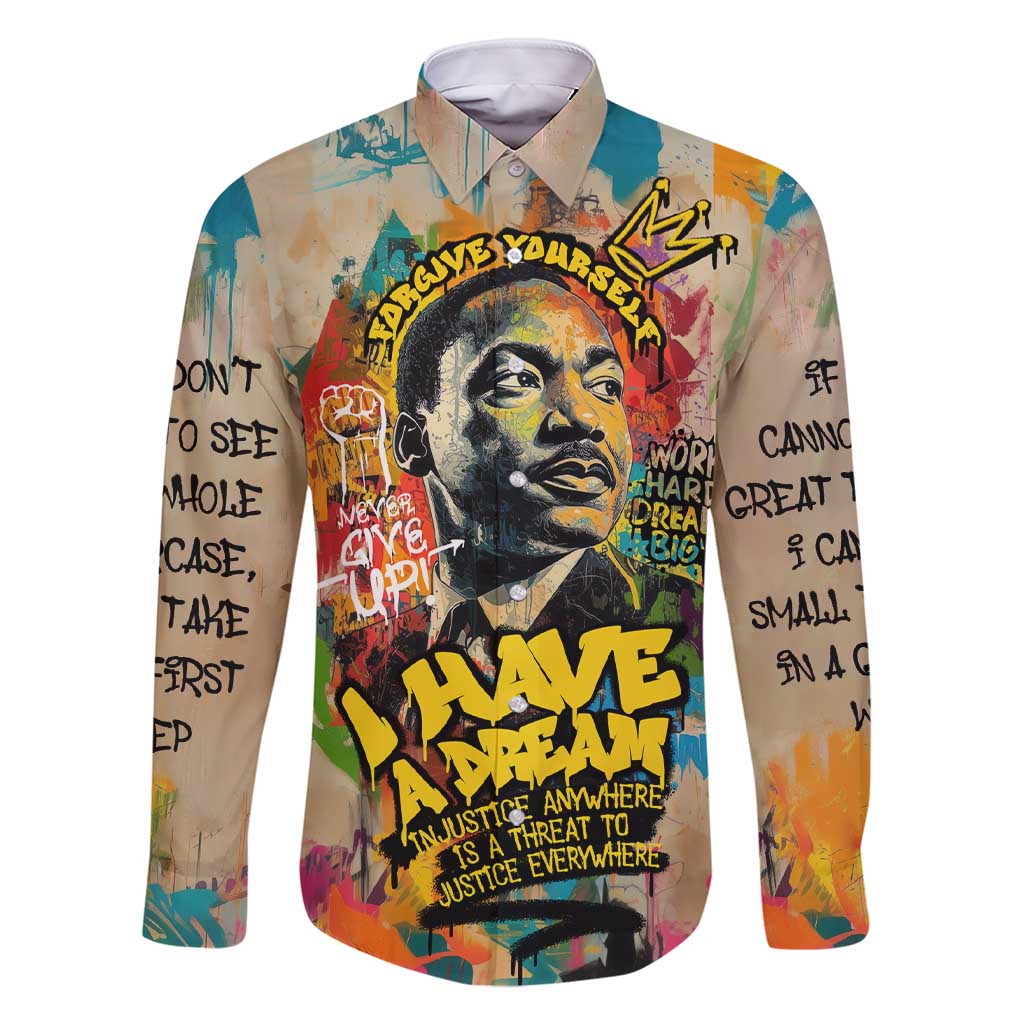 Martin Luther King Graffiti Style Graphic Family Matching Short Sleeve Bodycon Dress and Hawaiian Shirt with Colorful Spray Paint Quotes and Crown Detail - Wonder Print Shop