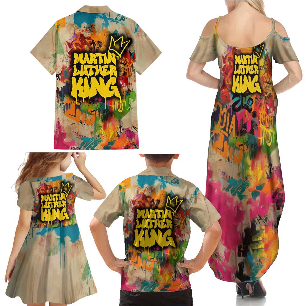 Martin Luther King Graffiti Style Graphic Family Matching Summer Maxi Dress and Hawaiian Shirt with Colorful Spray Paint Quotes and Crown Detail - Wonder Print Shop