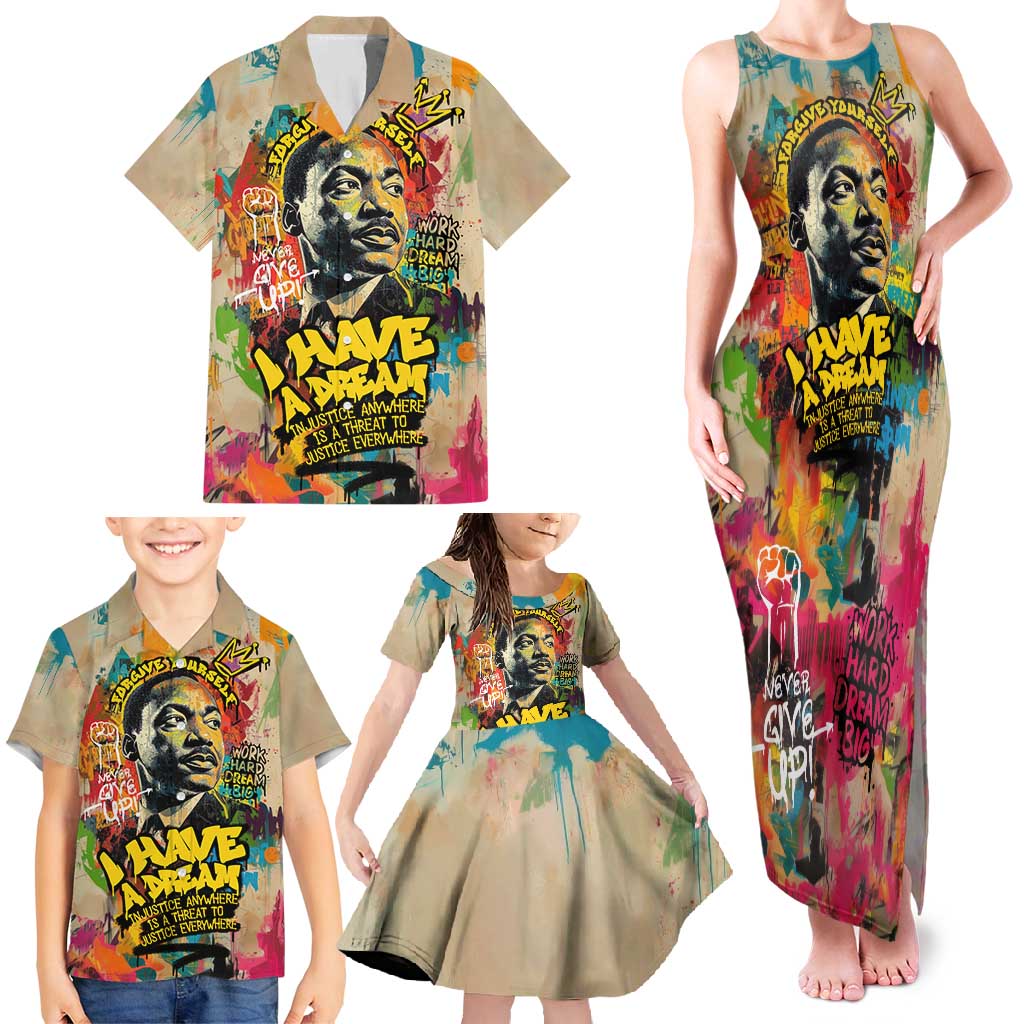 Martin Luther King Graffiti Style Graphic Family Matching Tank Maxi Dress and Hawaiian Shirt with Colorful Spray Paint Quotes and Crown Detail - Wonder Print Shop