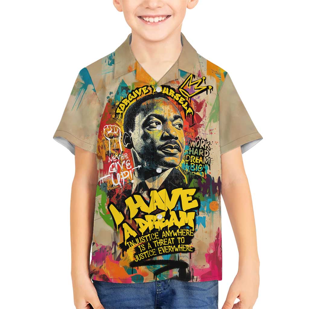 Martin Luther King Graffiti Style Graphic Family Matching Tank Maxi Dress and Hawaiian Shirt with Colorful Spray Paint Quotes and Crown Detail - Wonder Print Shop