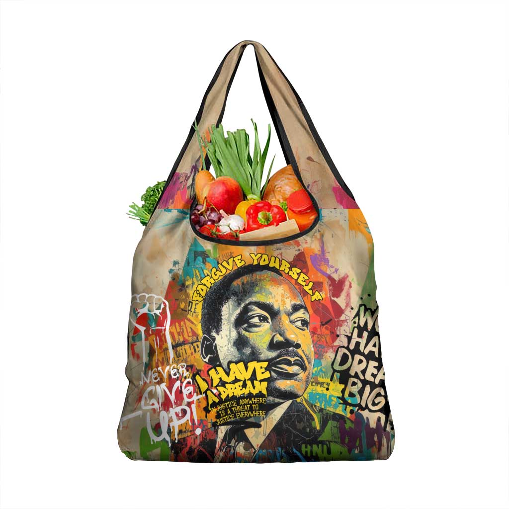Martin Luther King Graffiti Style Graphic Grocery Bag with Colorful Spray Paint Quotes and Crown Detail - Wonder Print Shop
