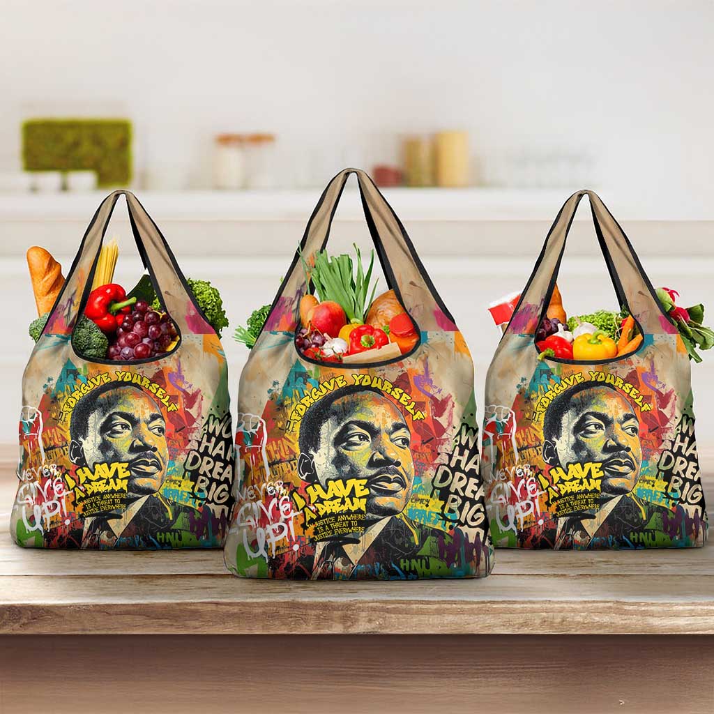 Martin Luther King Graffiti Style Graphic Grocery Bag with Colorful Spray Paint Quotes and Crown Detail - Wonder Print Shop
