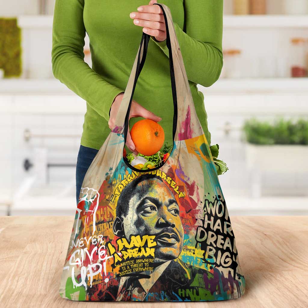 Martin Luther King Graffiti Style Graphic Grocery Bag with Colorful Spray Paint Quotes and Crown Detail - Wonder Print Shop