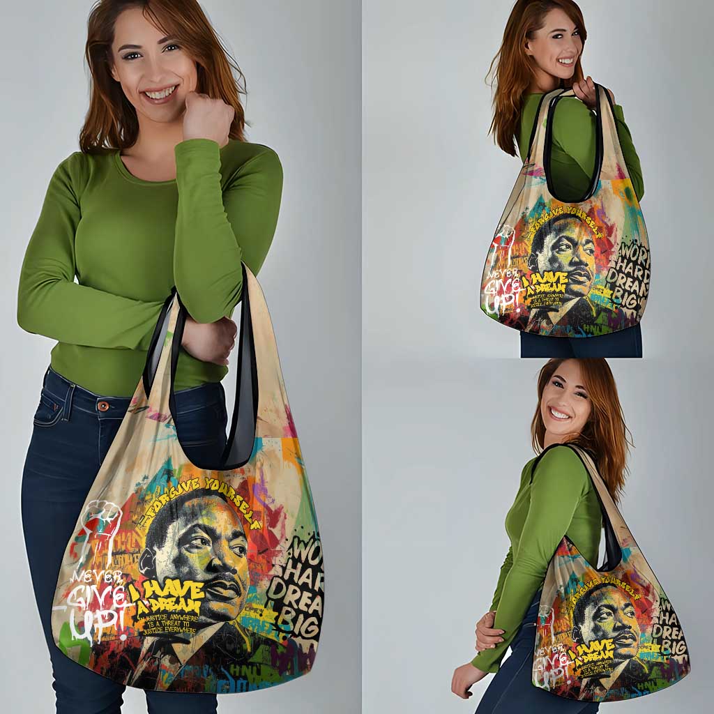 Martin Luther King Graffiti Style Graphic Grocery Bag with Colorful Spray Paint Quotes and Crown Detail - Wonder Print Shop