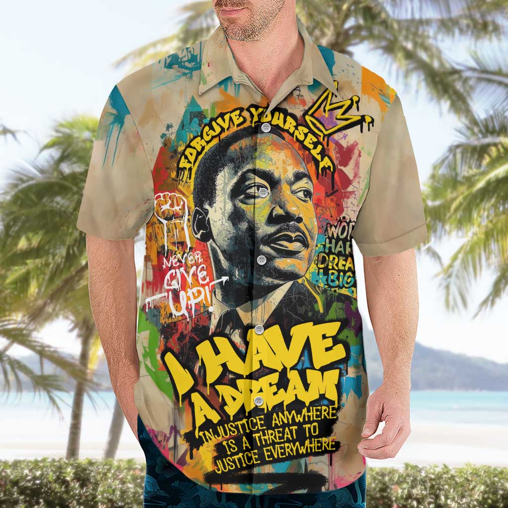 Martin Luther King Graffiti Style Graphic Hawaiian Shirt with Colorful Spray Paint Quotes and Crown Detail - Wonder Print Shop