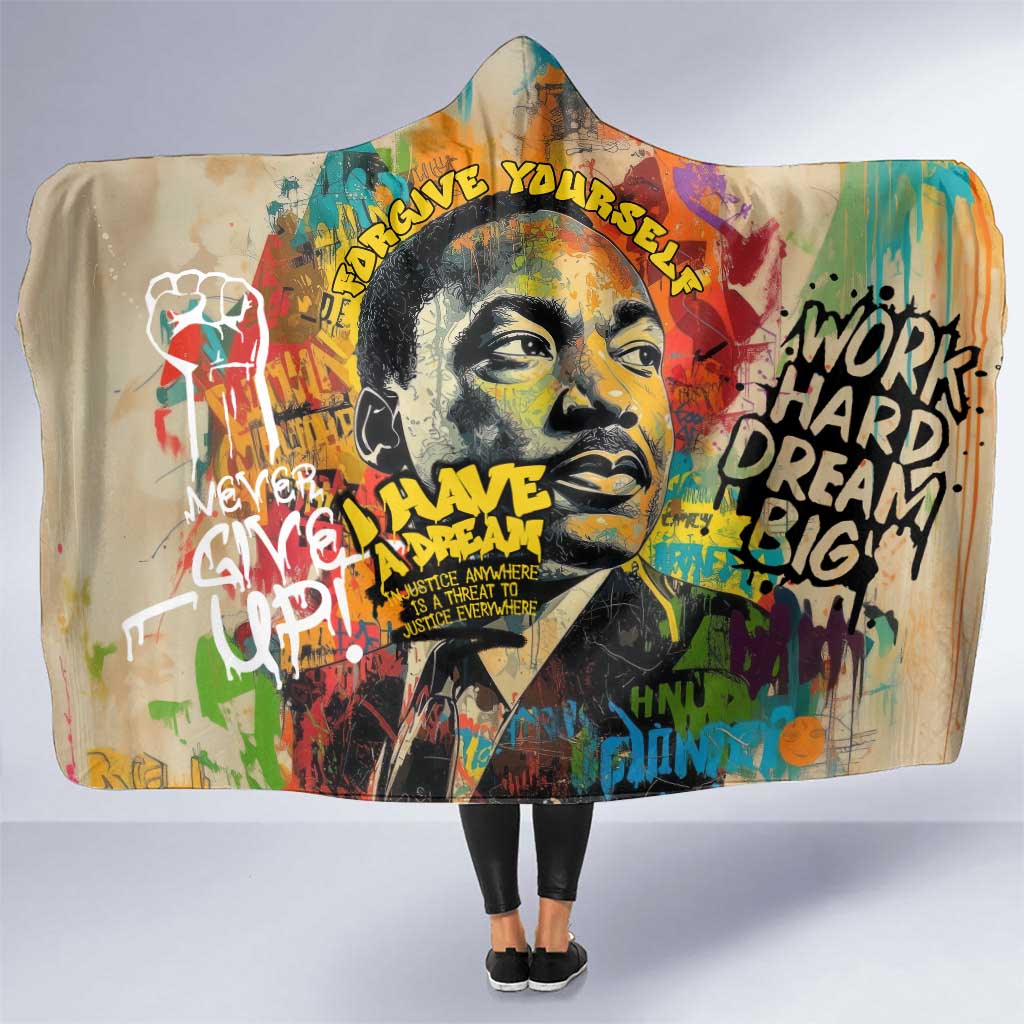 Martin Luther King Graffiti Style Graphic Hooded Blanket with Colorful Spray Paint Quotes and Crown Detail - Wonder Print Shop