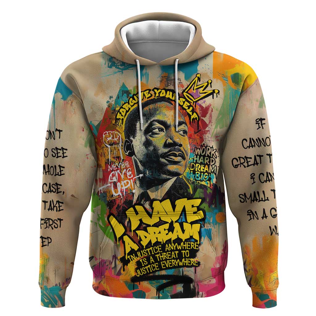 Martin Luther King Graffiti Style Graphic Hoodie with Colorful Spray Paint Quotes and Crown Detail - Wonder Print Shop
