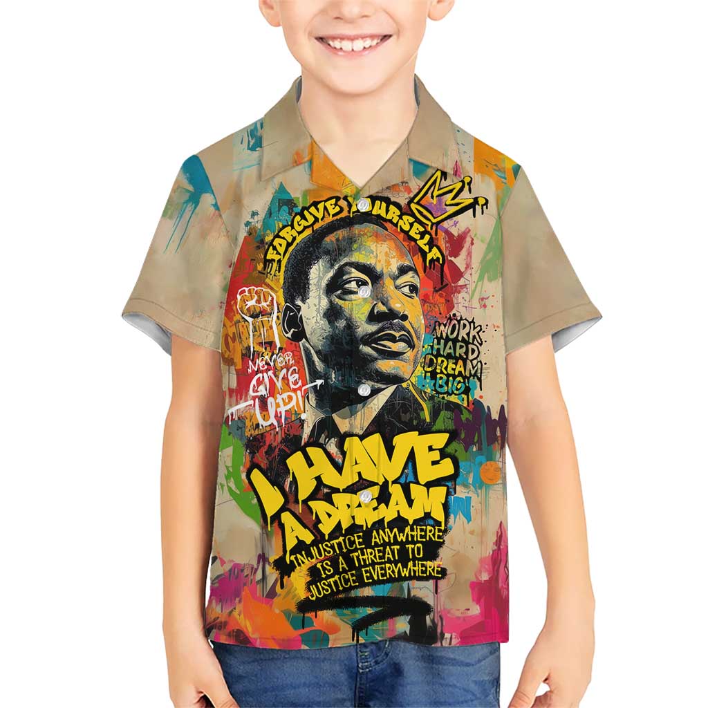 Martin Luther King Graffiti Style Graphic Kid Hawaiian Shirt with Colorful Spray Paint Quotes and Crown Detail - Wonder Print Shop