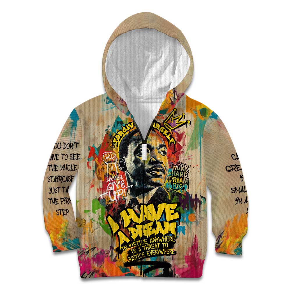 Martin Luther King Graffiti Style Graphic Kid Hoodie with Colorful Spray Paint Quotes and Crown Detail - Wonder Print Shop