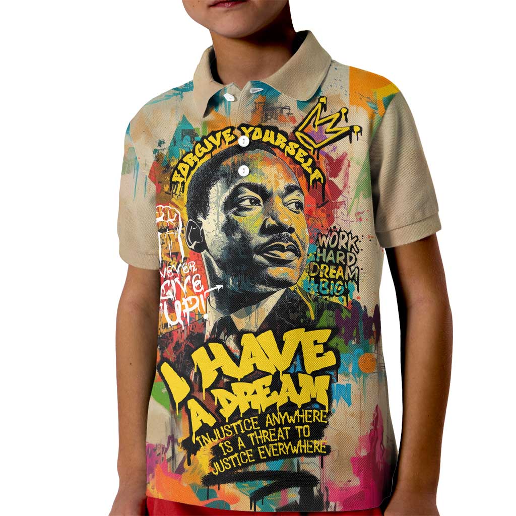 Martin Luther King Graffiti Style Graphic Kid Polo Shirt with Colorful Spray Paint Quotes and Crown Detail - Wonder Print Shop
