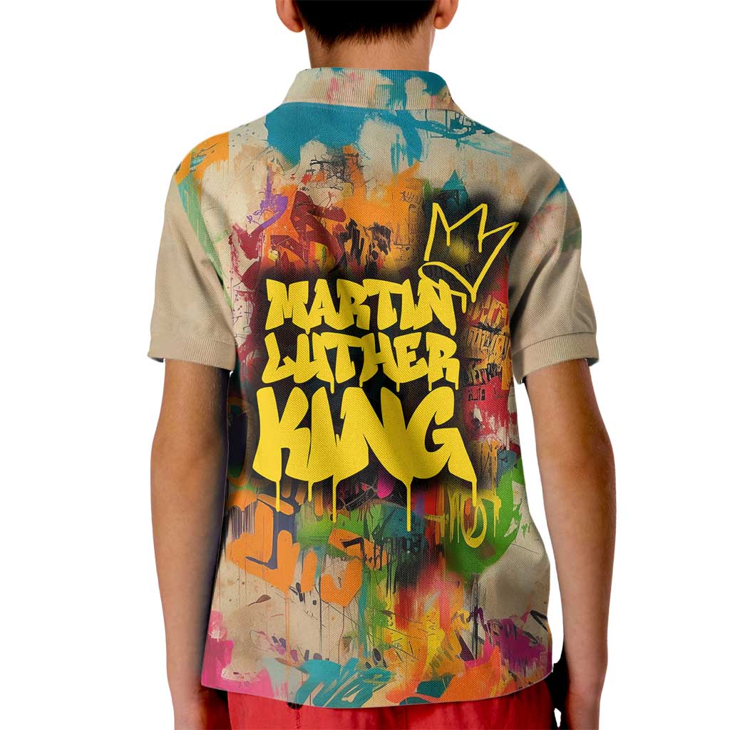 Martin Luther King Graffiti Style Graphic Kid Polo Shirt with Colorful Spray Paint Quotes and Crown Detail - Wonder Print Shop
