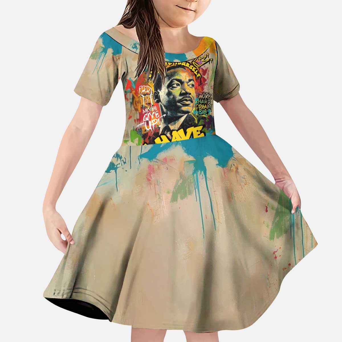 Martin Luther King Graffiti Style Graphic Kid Short Sleeve Dress with Colorful Spray Paint Quotes and Crown Detail - Wonder Print Shop
