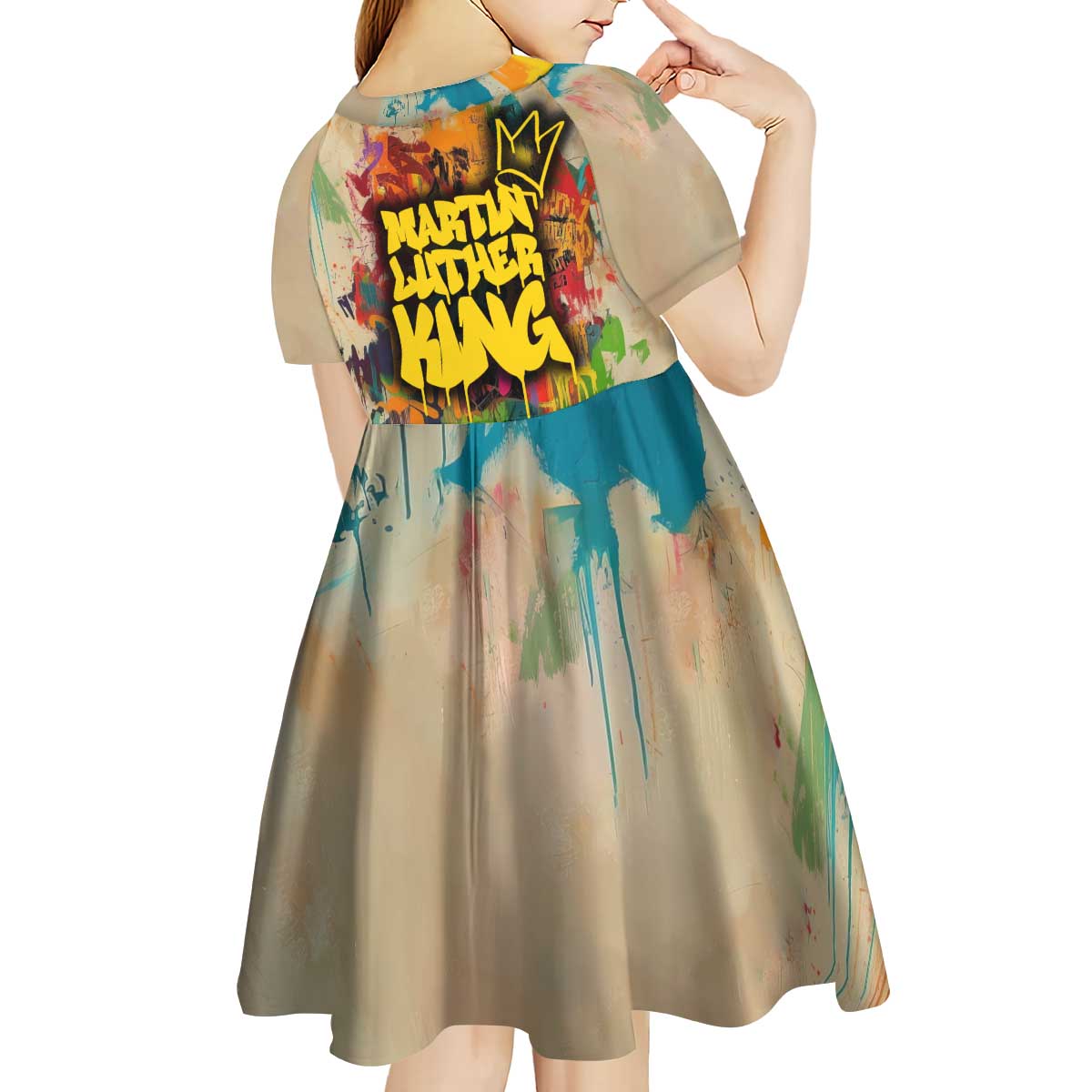 Martin Luther King Graffiti Style Graphic Kid Short Sleeve Dress with Colorful Spray Paint Quotes and Crown Detail - Wonder Print Shop