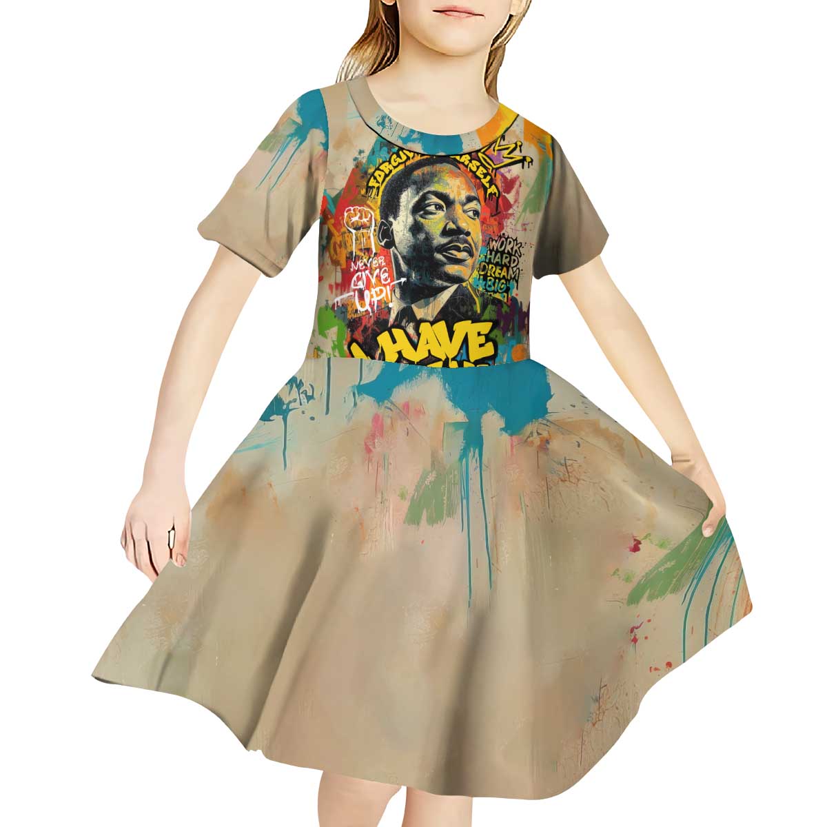 Martin Luther King Graffiti Style Graphic Kid Short Sleeve Dress with Colorful Spray Paint Quotes and Crown Detail - Wonder Print Shop
