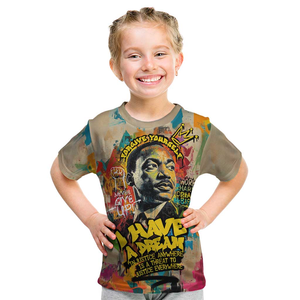 Martin Luther King Graffiti Style Graphic Kid T Shirt with Colorful Spray Paint Quotes and Crown Detail - Wonder Print Shop
