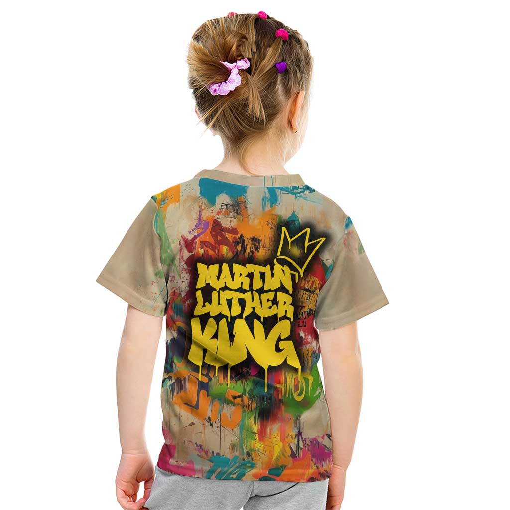 Martin Luther King Graffiti Style Graphic Kid T Shirt with Colorful Spray Paint Quotes and Crown Detail - Wonder Print Shop