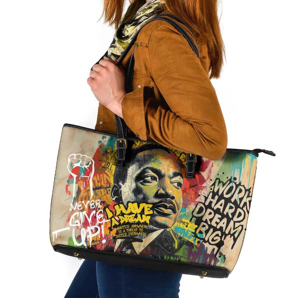 Martin Luther King Graffiti Style Graphic Leather Tote Bag with Colorful Spray Paint Quotes and Crown Detail - Wonder Print Shop