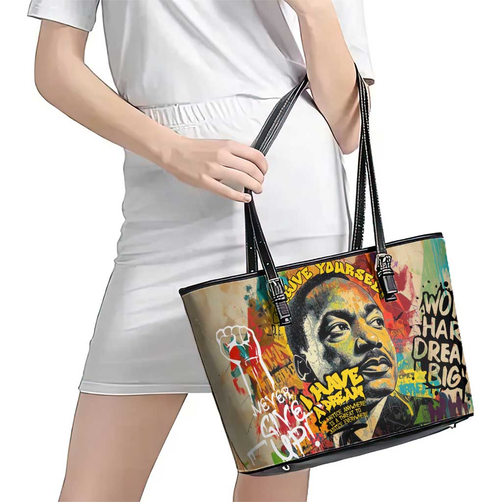 Martin Luther King Graffiti Style Graphic Leather Tote Bag with Colorful Spray Paint Quotes and Crown Detail - Wonder Print Shop