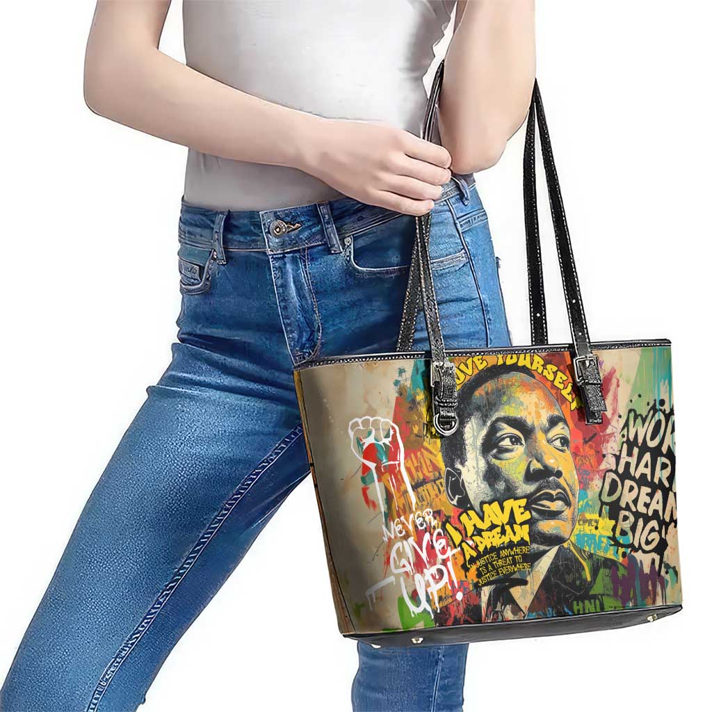 Martin Luther King Graffiti Style Graphic Leather Tote Bag with Colorful Spray Paint Quotes and Crown Detail - Wonder Print Shop