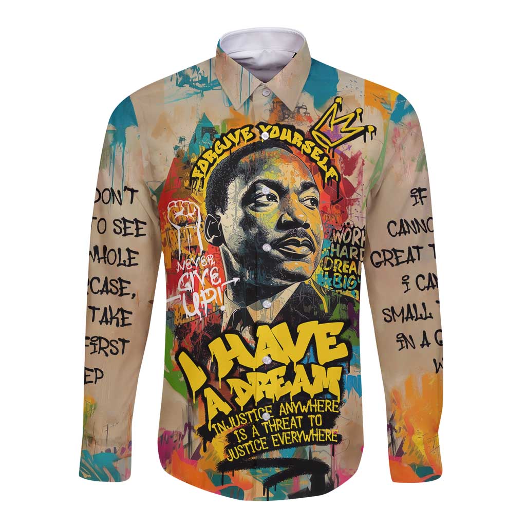 Martin Luther King Graffiti Style Graphic Long Sleeve Button Shirt with Colorful Spray Paint Quotes and Crown Detail - Wonder Print Shop