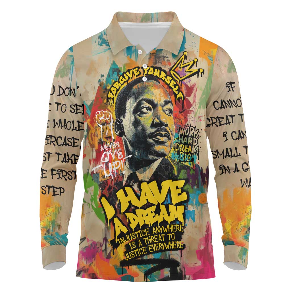 Martin Luther King Graffiti Style Graphic Long Sleeve Polo Shirt with Colorful Spray Paint Quotes and Crown Detail - Wonder Print Shop
