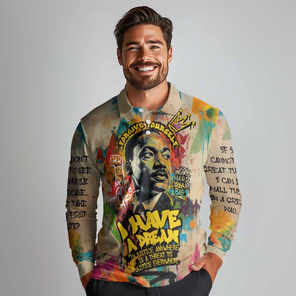 Martin Luther King Graffiti Style Graphic Long Sleeve Polo Shirt with Colorful Spray Paint Quotes and Crown Detail - Wonder Print Shop