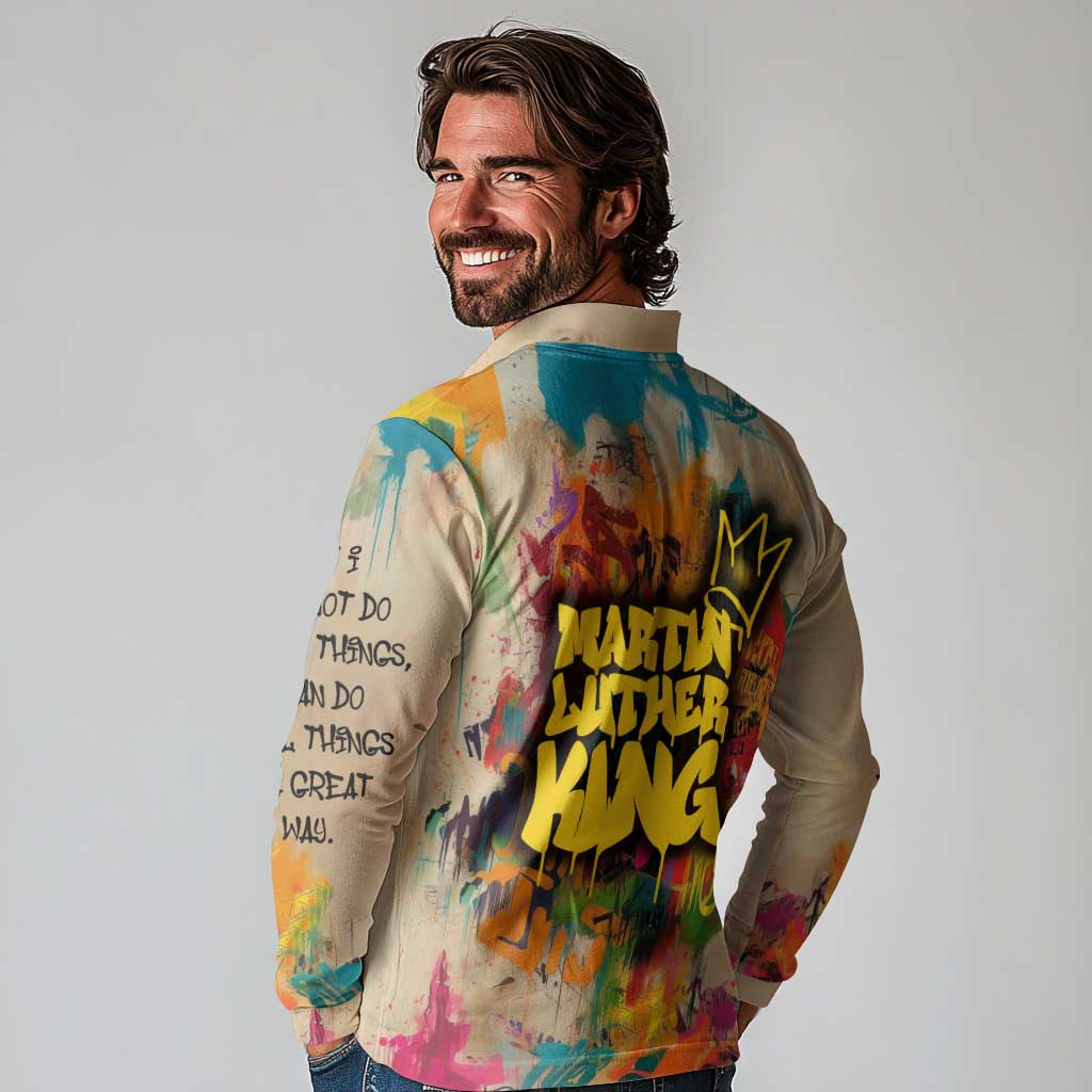Martin Luther King Graffiti Style Graphic Long Sleeve Polo Shirt with Colorful Spray Paint Quotes and Crown Detail - Wonder Print Shop