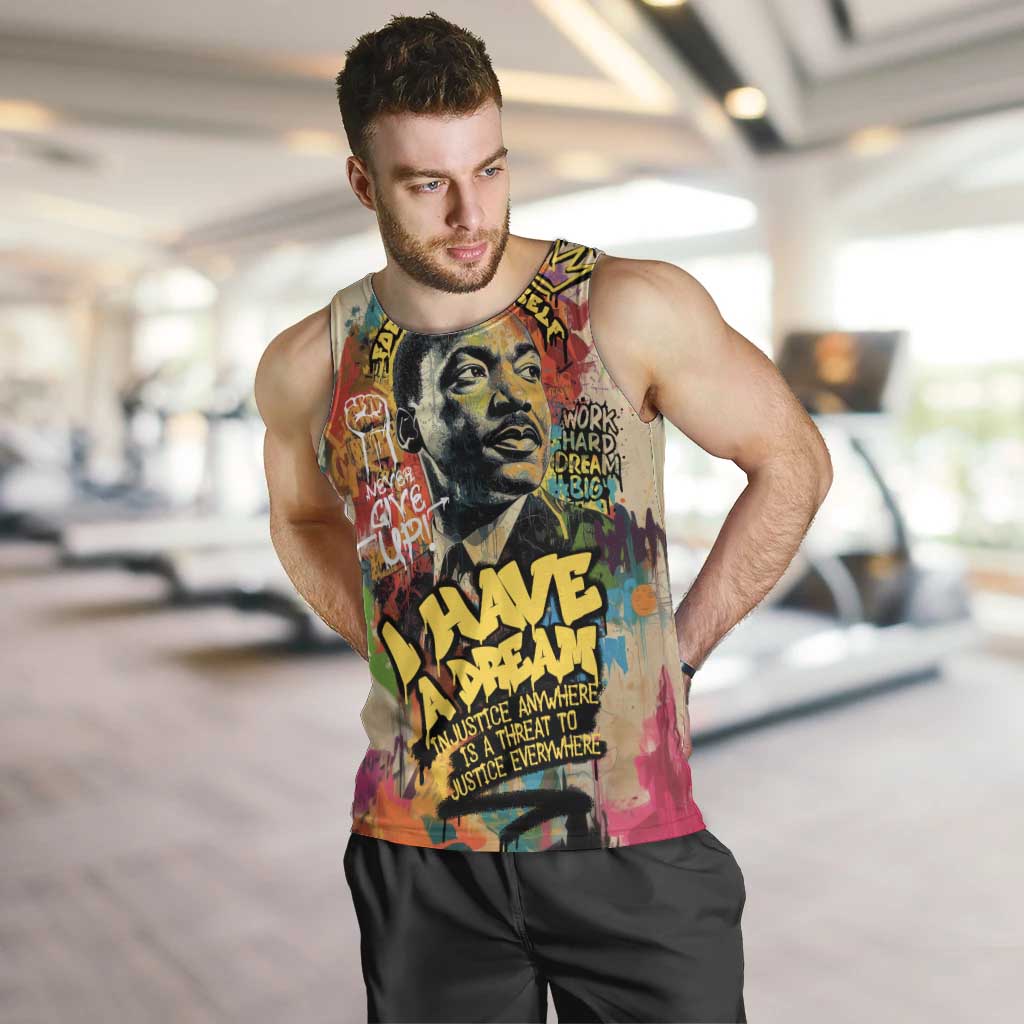 Martin Luther King Graffiti Style Graphic Men Tank Top with Colorful Spray Paint Quotes and Crown Detail - Wonder Print Shop