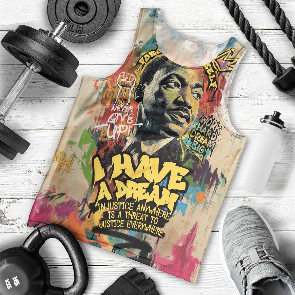 Martin Luther King Graffiti Style Graphic Men Tank Top with Colorful Spray Paint Quotes and Crown Detail - Wonder Print Shop