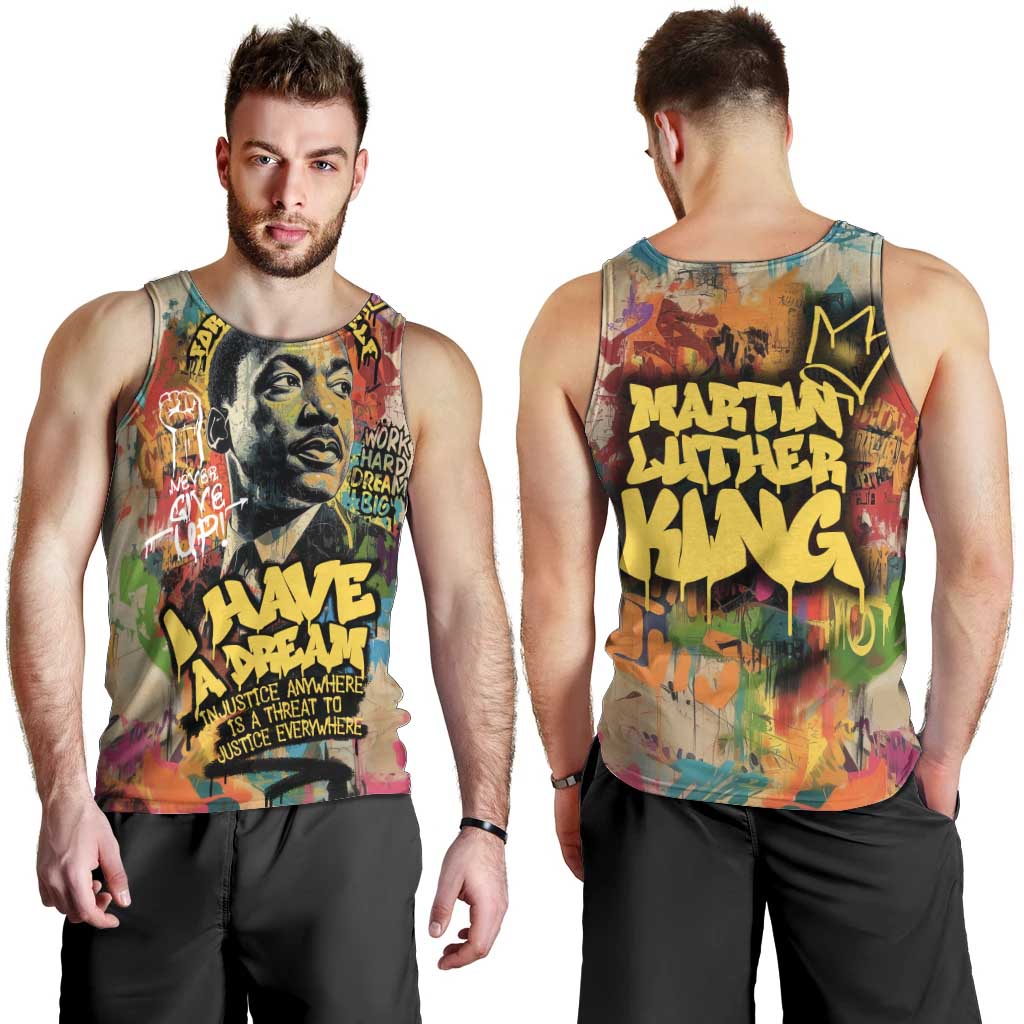 Martin Luther King Graffiti Style Graphic Men Tank Top with Colorful Spray Paint Quotes and Crown Detail - Wonder Print Shop