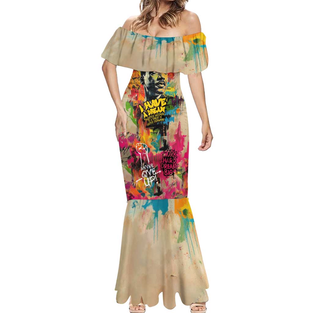 Martin Luther King Graffiti Style Graphic Mermaid Dress with Colorful Spray Paint Quotes and Crown Detail - Wonder Print Shop