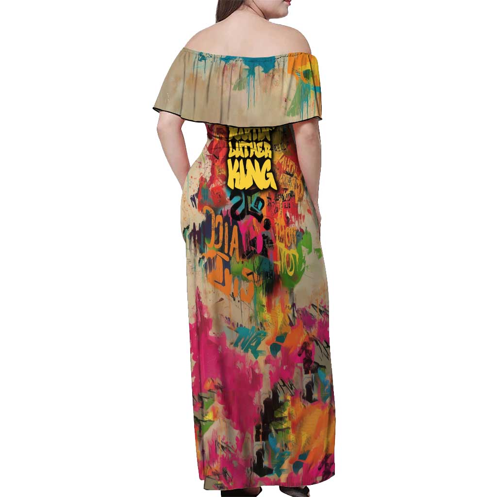 Martin Luther King Graffiti Style Graphic Off Shoulder Maxi Dress with Colorful Spray Paint Quotes and Crown Detail - Wonder Print Shop