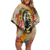 Martin Luther King Graffiti Style Graphic Off Shoulder Short Dress with Colorful Spray Paint Quotes and Crown Detail - Wonder Print Shop