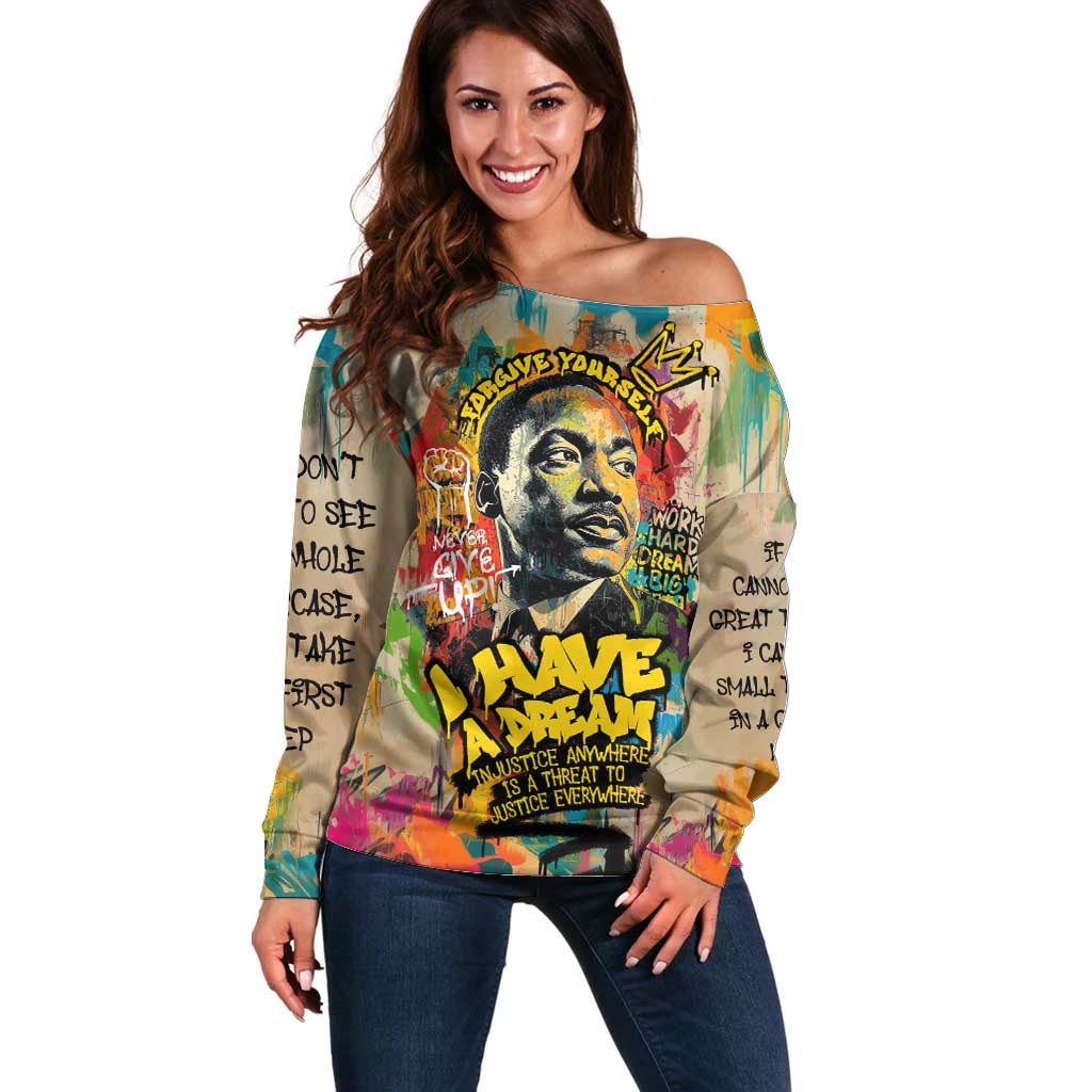 Martin Luther King Graffiti Style Graphic Off Shoulder Sweater with Colorful Spray Paint Quotes and Crown Detail - Wonder Print Shop