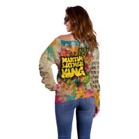 Martin Luther King Graffiti Style Graphic Off Shoulder Sweater with Colorful Spray Paint Quotes and Crown Detail - Wonder Print Shop