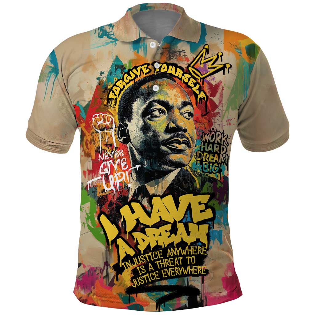 Martin Luther King Graffiti Style Graphic Polo Shirt with Colorful Spray Paint Quotes and Crown Detail - Wonder Print Shop