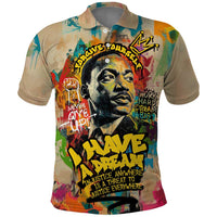 Martin Luther King Graffiti Style Graphic Polo Shirt with Colorful Spray Paint Quotes and Crown Detail - Wonder Print Shop