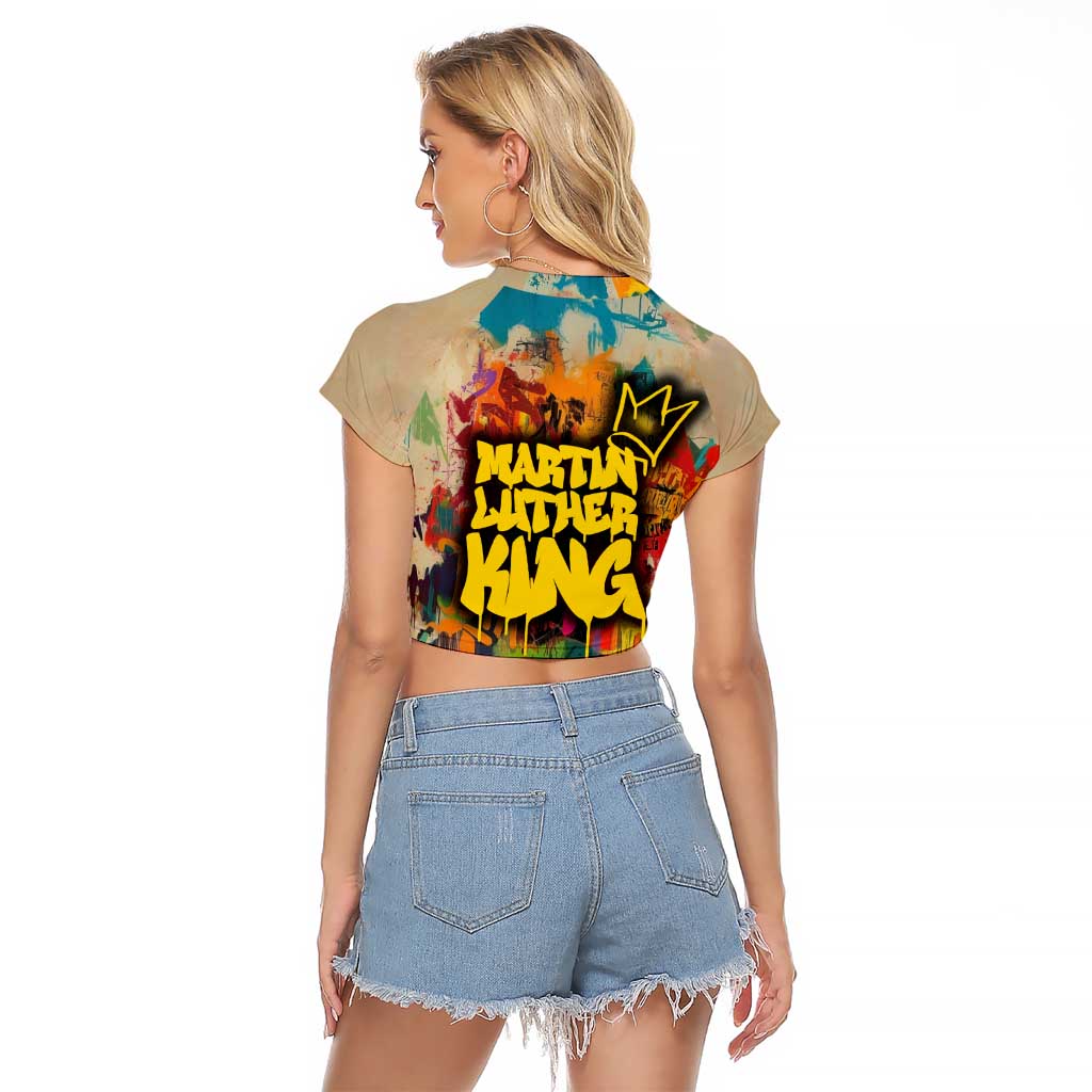 Martin Luther King Graffiti Style Graphic Raglan Cropped T Shirt with Colorful Spray Paint Quotes and Crown Detail - Wonder Print Shop