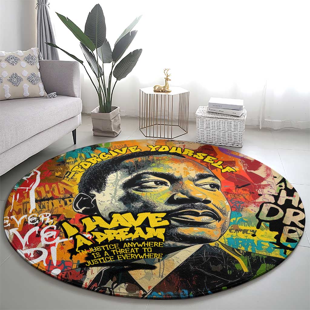 Martin Luther King Graffiti Style Graphic Round Carpet with Colorful Spray Paint Quotes and Crown Detail - Wonder Print Shop