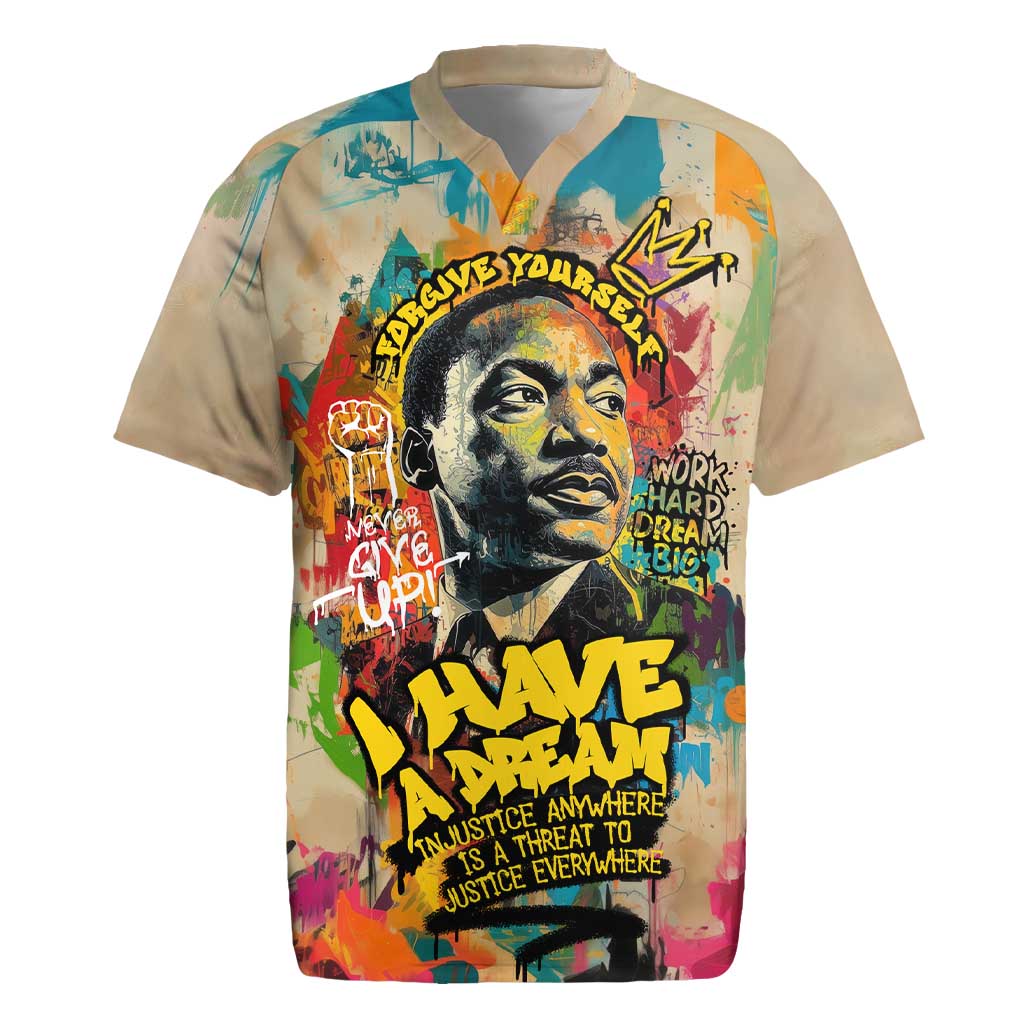 Martin Luther King Graffiti Style Graphic Rugby Jersey with Colorful Spray Paint Quotes and Crown Detail - Wonder Print Shop