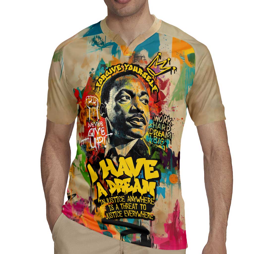 Martin Luther King Graffiti Style Graphic Rugby Jersey with Colorful Spray Paint Quotes and Crown Detail - Wonder Print Shop